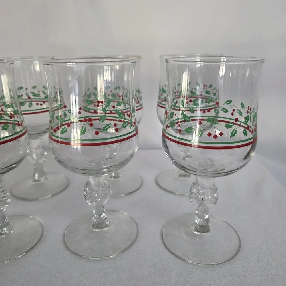 Arby's Libbey 1987 Holly & Berries Bow Stemmed Water Wine Glasses Set Of‎ 8